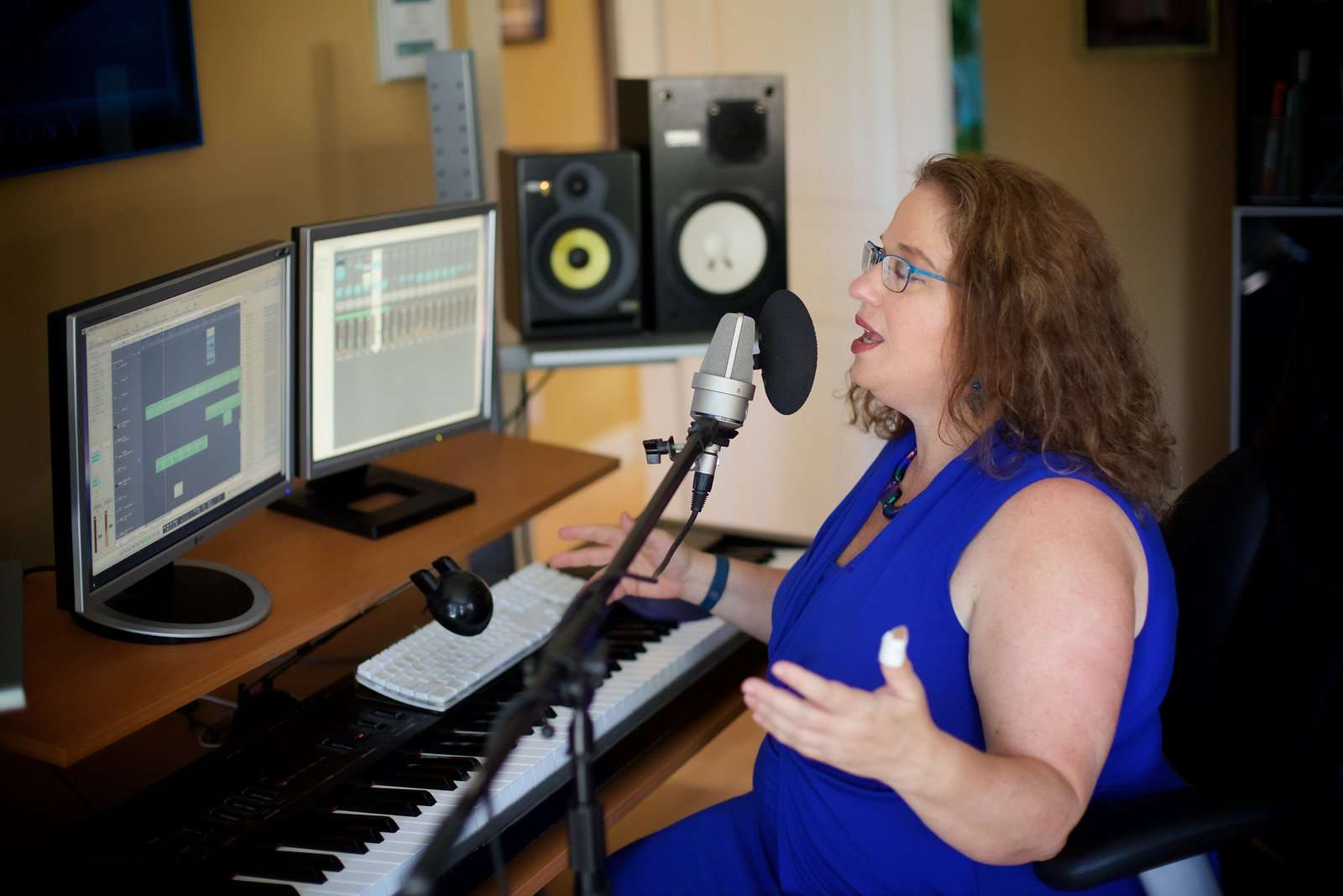 Julie Blue recording in studio